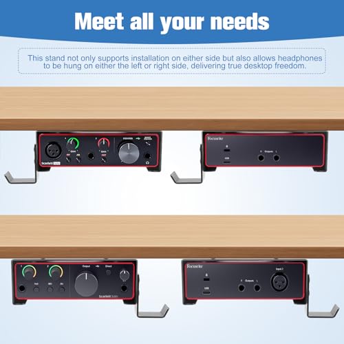Under Desk Mount and Wall Mount for Focusrite Scarlett Solo 3rd/4th Gen | Metal Under Desk Mount for Audio Interfaces and Studio Gear with Adjustable Headphone Hanger Stand (Black)