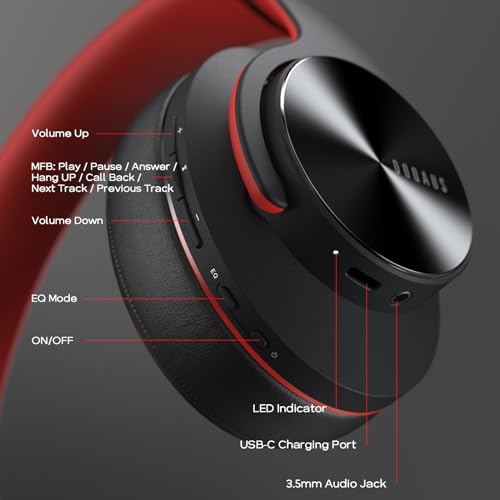 DOQAUS Bluetooth Headphones Over Ear, 90H Playtime, 3EQ Mode, with ENC Mic | Hifi Stereo Sound, Lightweight, Headphones Wireless with Soft Memory Foam Earpads, Deep Bass for Home Office Cellphone PC - color: Black-Red