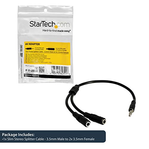 StarTech Slim 3.5mm Audio Splitter Cable, Male to 2x Female (MUY1MFFS) | Slim Audio Splitter Y Cable and Headphone Extender, Aux Cable - size: Slim Cable, style: Black