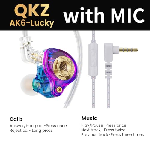 Qkz Ak6 Lucky in Ear Monitor, HiFi Wired Earbuds, Tunable Sound Wired Headphones Gaming Earbuds with 3-Level Adjusting Switch, Detachable Cable for Music Gaming Video Calling (Purple) - color: Purple