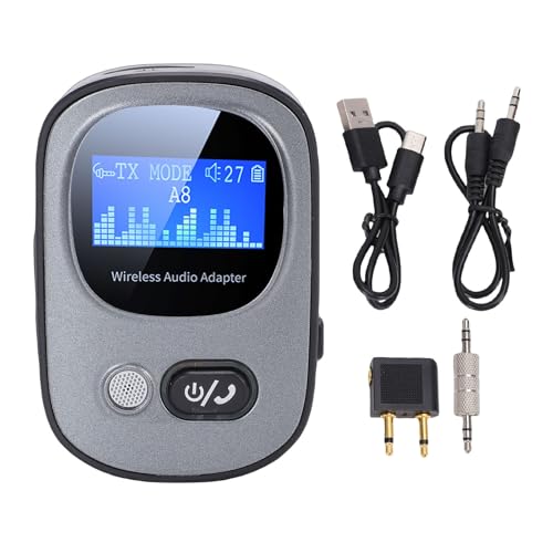 Diyeeni Bluetooth 5.3 Transmitter Receiver for 2xAirPods or BT Devices, Wireless Adapter with Dual 3.5mm Ports for TV & PC, AptX Low Latency, OLED Display, 18hrs Playback