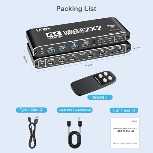 Dual Monitor HDMI KVM Switch 2 Computers | 4K@60Hz UHD, USB 3.0 Hub for Keyboard & Mouse, Hotkey/Panel/Remote Control, Extended/Mirror Display, 3.5mm Audio, EDID, HDCP 2.3, Plug & Play