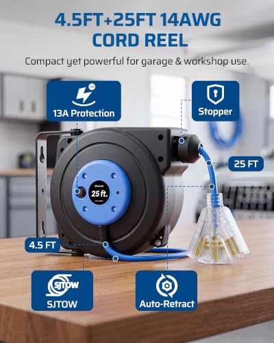 DEWENWILS 25FT Retractable Extension Cord Reel, 3-Outlet,14/3C SJTOW Cable - color: 25 Ft 14awg Blue