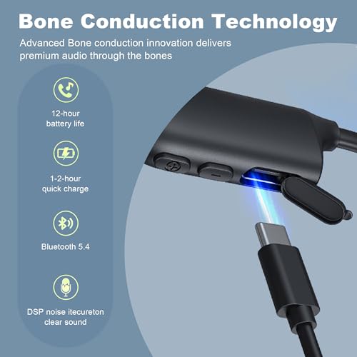 Bone Conduction Headphones, Open Ear Bluetooth 5.4 Sports Headphones with Mic, 12H Playtime Sweat Resistant Running Workout Headphones for Cycling, Gym, Hiking, Glasses Wearers