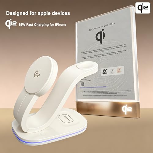 2026 New Fast 15W 3 in 1 Charging Station for iPhone Compatible Magnetic | Wireless Charger Station for iPhone 17 16 15 14 13 12, AirPods and iWatch Series, 35W Charger Included - color: White 3 in 1