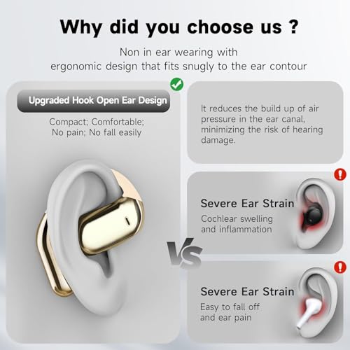 Open Ear Bluetooth 5.4 Earbuds, Wireless Headphones Sport Over Earphones Built-in Mic with Ear Hooks, 60H Playtime Ear Buds Fast Charging, IPX7 Waterproof for Running/Workout,kin Color