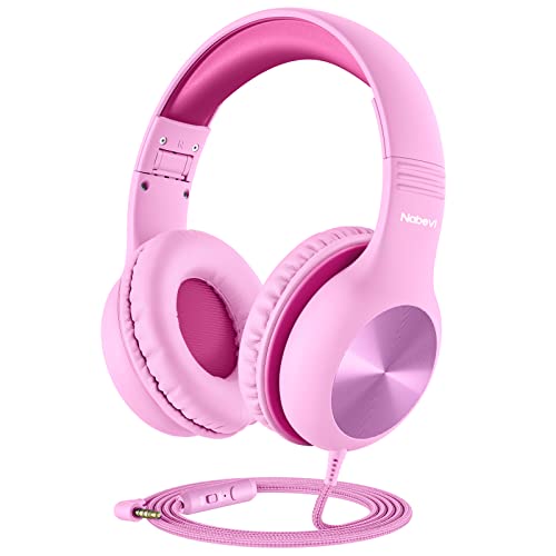 Nabevi Kids Headphones with Microphone, Over-Ear Headphones for Kids with Sharing Function, 85dB/94dB Safe Volume Limit, Wired Headphone for Children, Kid Headset for School, Study, Travel, Pink - color: Pink