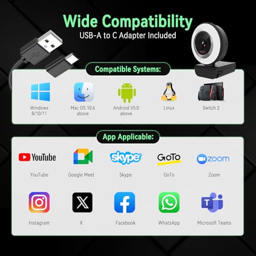 Angetube 1080P USB Webcam with Ring Light Autofocus & Microphone for PC Mac | Built-in Privacy Cover, Plug and Play, Compatible with Laptop Desktop, Works for Streaming, Teams, Skype Video Calls