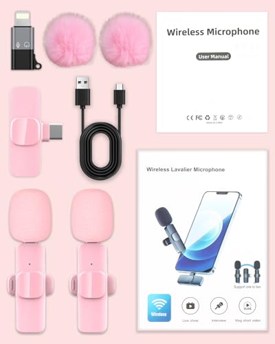 Pink Mini Wireless Microphone for iPhone & Android, Lavalier Microphone with Noise Cancellation, Plug & Play Pink Mic for YouTube, TikTok, Podcast, Live Stream