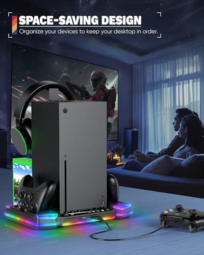 MENEEA Upgraded RGB Cooling Fan Stand for Xbox Series X with Controller Charger : Accessories for Xbox X Console, Dual Charging Dock & Cooler System Station,with 11 Light Modes & Headset Hook