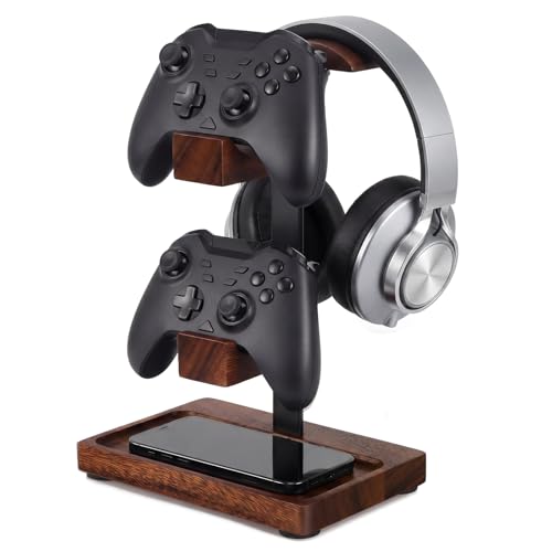 Headphone Stand with Controller Holder, Deep Walnut - color: Deep Walnut