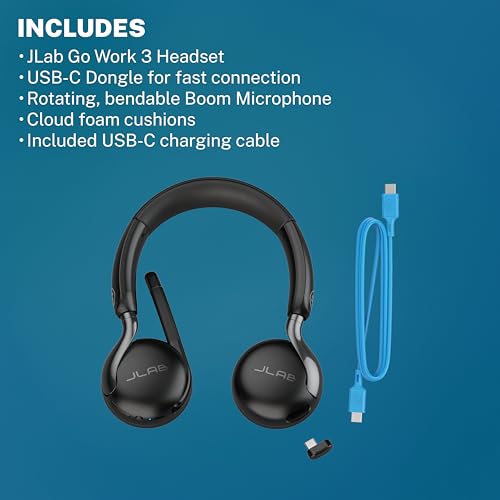 JLab, Go Work Gen 3, Wireless Headset, Boom Microphone, Noise Cancelling Mic, USB-C Dongle, Bluetooth Multipoint, Black | 70+ H, PC Headset or USB C Dongle, Noise Cancelling Microphone, Multipoint, On Ear Wireless Office Computer