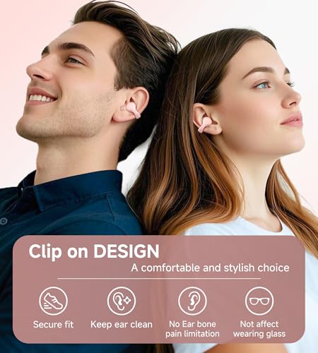 King Lucky i21 Open Ear Clip On Earbuds Wireless Bluetooth Ear Clip Headphones with Mic,Noise Cancelling, Waterproof IPX4,for Small Ears,Perfect for Running,Sports,Glasses Wearers (Pink) - color: Pink