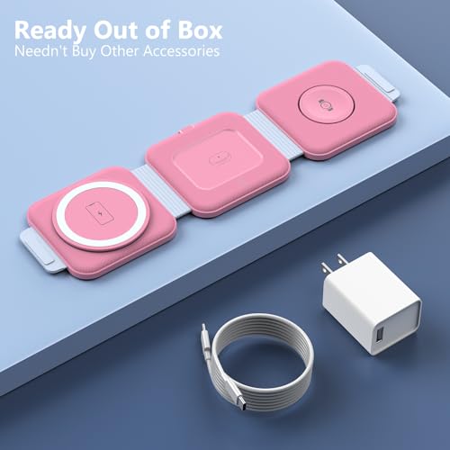 Travel Charger for Samsung Multi Devices, Foldable 3 in 1 Wireless Charging Station Fast Charging Stand/Pad Compatible for Samsung Galaxy S25/S24/S23/S22/S21/Note20 Galaxy Watch8/7/6/5/4/Galaxy Buds4 - color: Pink