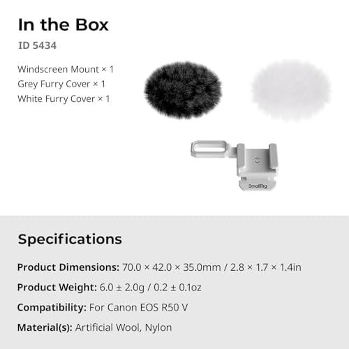 SmallRig Furry Windscreen Kit (2pcs) for Canon EOS R50 V Camera, Cold Shoe Adapter with Wind Muff, Noise-Reduction, Includes Gray and White, for Light Microphone Attachment - 5434