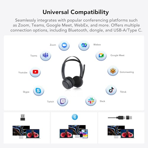 NUROUM HP31DU Wireless Headset with Mic & Dongle for Work | Multi-Point Connection, All-Day Comfort, Long Battery Life, One Button Mute, Versatile Connectivity