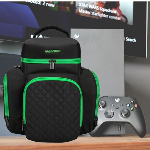 CROTIRAD Carrying Case for Xbox Series X with Multiple Storage Pockets | Water-Resistant Padded Travel Bag with 6 Pouches for Controllers, Headset, Game Discs, Cables, SSDs & Accessories, Green Zip