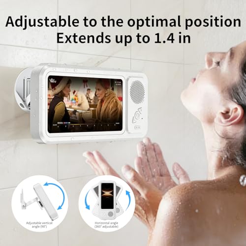 Shower Phone Holder Waterproof with Speaker Hole,360° Rotatable Shower Phone Case Holder,Anti Fog Phone Stand Mount for Bathroom Bathtub Kitchen Wall Mirror,for 4-7" iPhone 17 16 S25 Ultra - color: White