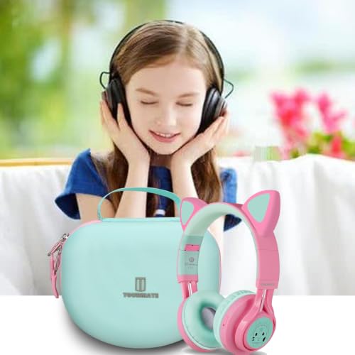 Tourmate Hard Travel Case for Riwbox CT-7 CT-7S / iClever HS01 / FosPower Cat Ear LED Light Kids Wireless Headphones, Protective Carrying Storage Bag (Pink&Green Box for Sale) - color: Pink&Green