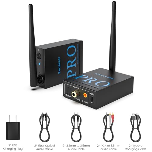 1Mii 2.4GHz Wireless Audio Transmitter and Receiver (1 TX+1 RX), HiFi Audio | 20ms Low Latency, 328ft Long Range Wireless Kit for Powered Speaker/Stereo/Soundbar, Optical/Coaxial/3.5mm(RCA) Ports
