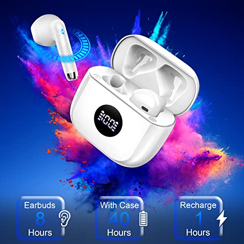 Wireless Earbuds, Bluetooth 5.4 Ear Buds, LED Power Display, 6D Bass Stereo | 4 ENC Noise Cancelling Mic, HiFi Stereo, In-Ear Headphones, 40H Playback Mini Case, IP7 Waterproof Sports, for Android iOS - color: Pearl White