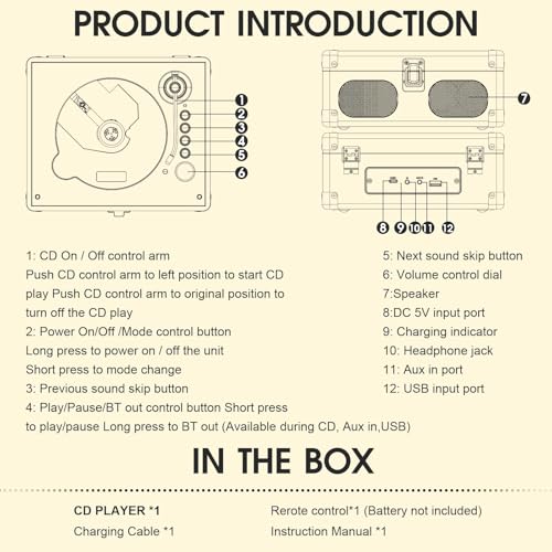 RetroAudio CD Player with Speakers Retro Portable CD Players for Home Music Player with Remote Control,V5.4 Bluetooth in&Out Desktop Suitcase CD Player with AUX in, Headphone Jack,USB Playback,White - color: White