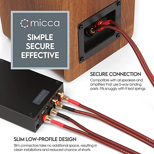 Micca 14-Gauge Pure Copper Speaker Cable Pair, 13 ft Each, Banana Plugs | Gold Plated, 245-Strands per Wire, Soldered Joints, Dual-Layer Jacket, Slim Low Profile, Stereo or Home Theater, 4-Meter - size: 14 AWG, 13 Feet (4M)