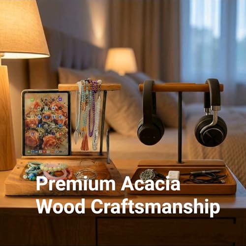 Multi-Device Headphone Stand, Acacia Wood Tech Organizer with Storage Tray | Solid 1.5 in thick acacia wood organizer for headphone, phone, tablet & accessories, gaming & office desk setup, workspace - style: Headphone Cell iPad Holder