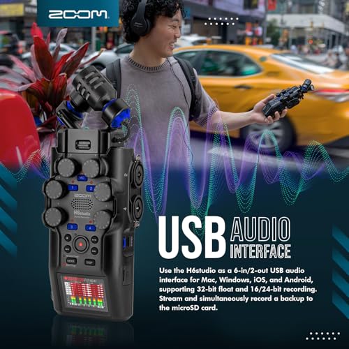 Zoom H6studio Handy Recorder, H6 Studio (H6S) 32-Bit Float Recording, F-Series Preamps, Gain Knobs, Large Mics, USB Audio Interface w/Headphone, MicroSD, Tripod for Podcast Filmmaker Musician