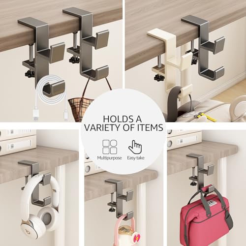 Desk Bag Hook, Purse Hook for Table, Aluminum Under Desk Handbag Hanger, Desk Mount Backpack Holder, Umbrellas, Headphone Holder, Back to School Essentials - Gray - color: Gray