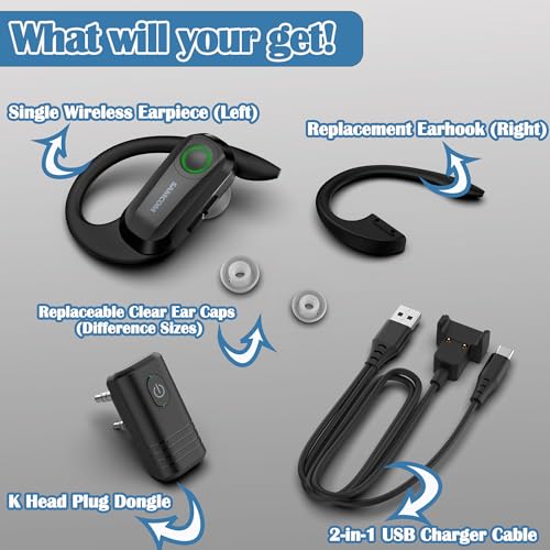 SAMCOM Wireless Earpiece with 2 Pin Dongle for FPCN30A/FPCN10A 2-Way Radios | BTEAR-02 Wireless Headset with PTT Microphone for K Plug Walkie Talkie, for School Retail Hotel Business (Radios Not Include)