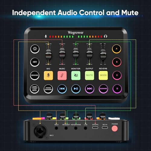 Wegrower W-11BK Rechargeable Audio Mixer with Tripod | 48V Phantom Power, Dual Mic Inputs, RGB Lighting, 1-Click Noise Cancel, Voice Changer