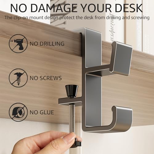 2 PCS Desk Bag Hook, Purse Hook for Table, Aluminum Under Desk Handbag Hanger, Desk Mount Backpack Holder, Umbrellas, Headphone Holder, Back to School Essentials - Black+White - color: Black+White