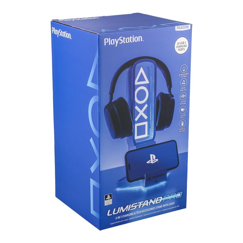 Paladone PlayStation 3-in-1 Headphone Stand and Tech Charging Station with Console Controller Cradle and 2 USB-C Ports, RGB Colour Changing Light Panel, Officially Licensed Gift for Gamers