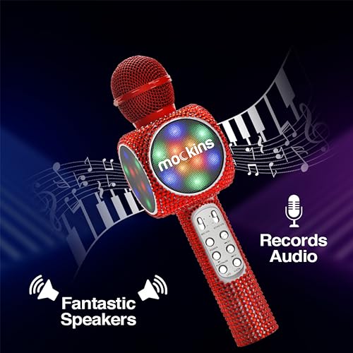 Mockins Red Bling Karaoke Microphone for Kids - Wireless Microphone Karaoke w/Speaker, Voice Changer & Colorful LED Lights, Portable Kids Micro Phone - color: Red Bling