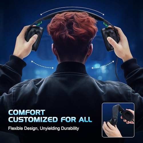 Vakedy Xbox, PS5, PS4, PC, 스위치, RGB 50mm 드라이버용 유선 게이밍 헤드셋 | 접이식 경량 프레임, 플러시 메모리 폼 쿠션, 선명한 채팅, 빠른 음소거/볼륨 휠 및 USB 전원 RGB 글로우 - color: 팬텀 블랙.