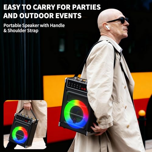 JYX Karaoke Machine with 2 Wireless Microphones, Portable Bass/Treble Bluetooth Speaker with LED Light, Support TWS, AUX in, FM, REC PA System with Remote Control, Supply for Party/Adults/Kids - color: Black