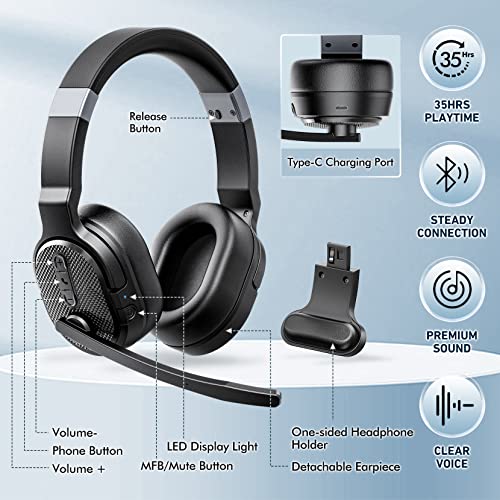 COSMUSIS Trucker Bluetooth Headset with Dongle, Wireless Headsets with Noise Cancelling Microphone, 50+Hrs HD Talktime Bluetooth Headphones with Detachable Earpad/Single+Dual Mode for Office/Driving | Trucker Headset with Noise Cancelling Headphones, Long