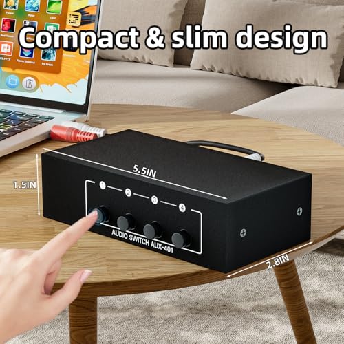4 Channels 3.5mm Aux + RCA L/R Audio Switcher Box 4 in 1 Out/ 1 in 4 Out Bidirectional,4 in 1 Out A/B Analog Audio Switcher Selector No Power Need