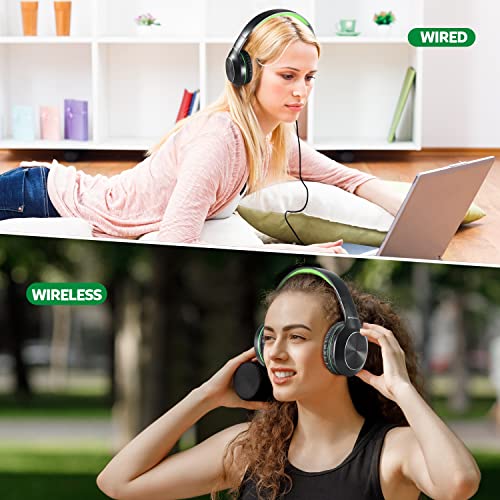 Rydohi Bluetooth Headphones Over Ear, 68H Playtime 3 EQ Music Modes Wireless Headphones with Microphone/Deep Bass, HiFi Stereo Foldable Headset for PC Home Travel Office (Black Green) - color: Black Green