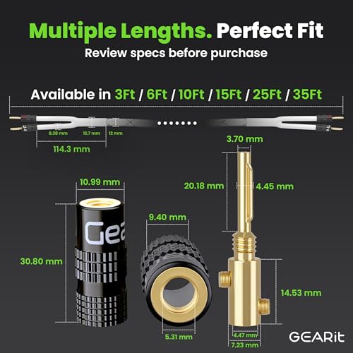 GEARit 10 Gauge OFC Speaker Wire with Banana Plugs 15 ft, Speaker Cable for Bi-Wire, Bookshelf, Wall Plate to Speaker, High-Power Connection for Center Channel, Wall-Mounted TV Speakers, Subwoofer - size: 15 Feet