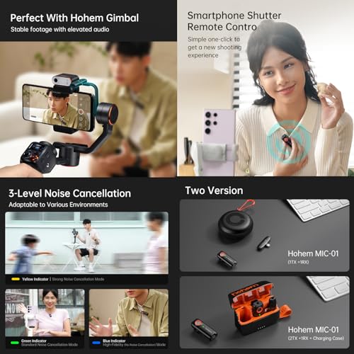 Hohem MIC-01 Wireless Lavalier Lapel Microphone for iOS,with DSP Noise Cancellation,MFi Certified,Remote Control,TF Card Slot,20H Run-Time Wireless Microphones for Smartphone/Camera/Laptop/Tablet - color: Black, style: 2TX+1RX+Charging Case for IOS