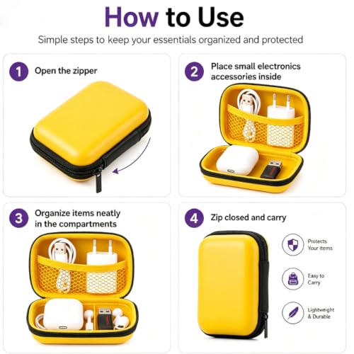 Headphone Case Hard Edge Zipper Bag Compact Portable Headset Storage Bag For Wireless,Headphones Earbuds Cables Charging Cable Travel Waterproof Commuting Home - color: Yellow