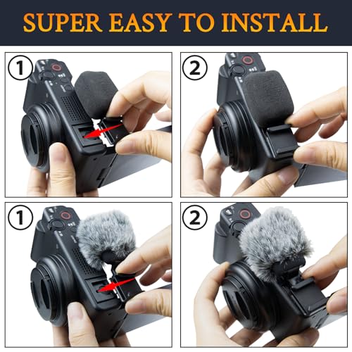 SOULWIT 2Pcs Windscreen Wind Muff for Sony ZV-1F/ZV-E10/ZV-1/ZV-E1/ZV-1 II Vlog Cameras, Cold Shoe Adapter with Furry Windshield + Mic Cover - Black