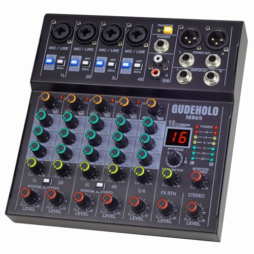 6-Channel Stereo Audio Mixer with Stepped Knobs, Mini Sound Board with 2 True Stereo Inputs, Mono/Stereo Switch, Precise Detented Pots, 16 DSP Effects, 48V Phantom for Keyboards, Studio