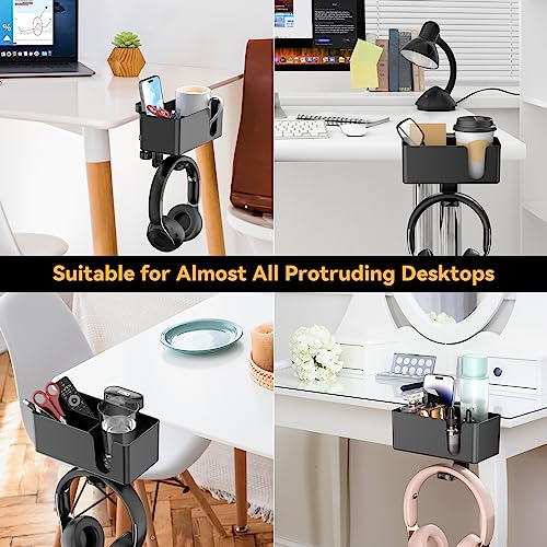 KDD 4 in 1 Desk Cup Holder - Clamp on Under Desk Headphone Hanger - Rotating Headphone Holder Detachable Pen Cup Holder Desktop Storage for Cup, Phone and Pen(Black) - color: Black