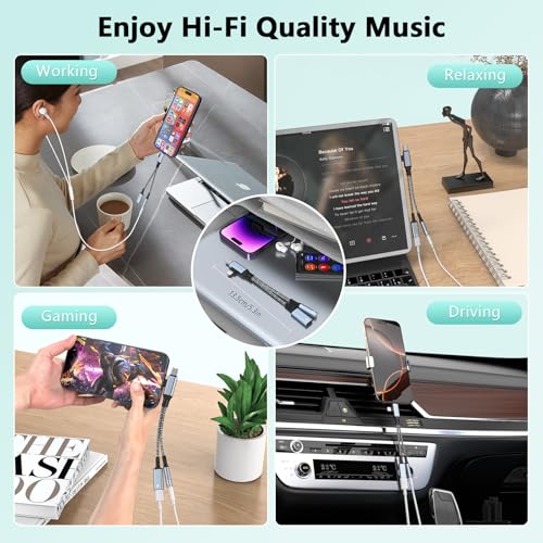 2-in-2 Lightning & USB C to 3.5mm Aux Audio Jack Headphone+Type-C Charge Cable Splitter,Earphone Converter Adapter for Music+Charge Power+HiFi for iPhone14 13 12,iPad,Samsung【Apple MFi Certified】-Gray