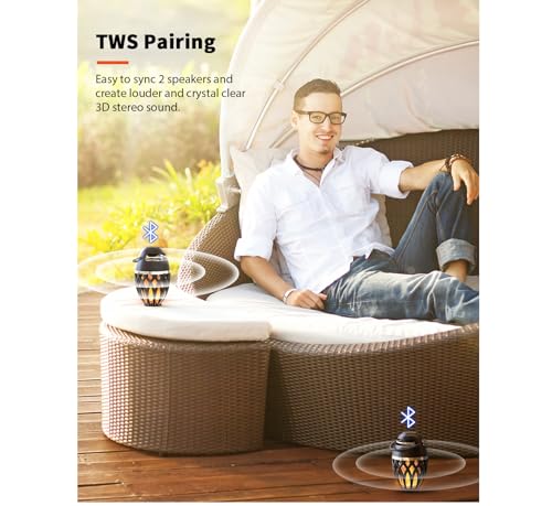 2 Pack Outdoor Bluetooth Speakers with Flame Flickers Light IPX5 Waterproof