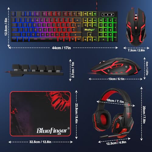 BlueFinger RGB Gaming Keyboard and Backlit Mouse and Headset Combo, USB Wired Backlit Keyboard, LED Gaming Mouse Set, Headset with Microphone for Laptop PC Computer Game and Work - color: Black
