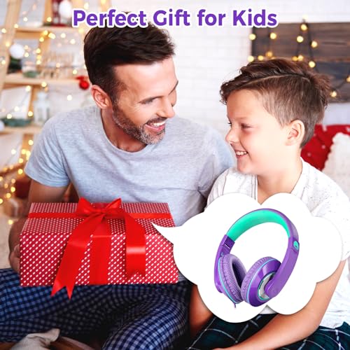 rockpapa Comfort+ Kids Headphones with Microphone, Boys Girls Student Over-Ear Headphones Wired Foldable for School Classroom Laptop PC Computer Tablet Purple Green - color: Purple/Teal